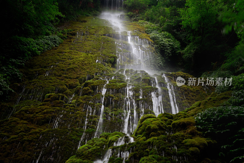 长满青苔的山间瀑布自然景观