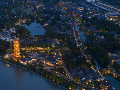 航拍江南水乡古镇乌镇夜景