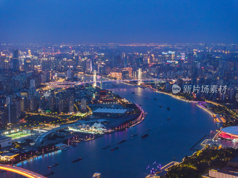 航拍上海城市夜景卢浦大桥世博园