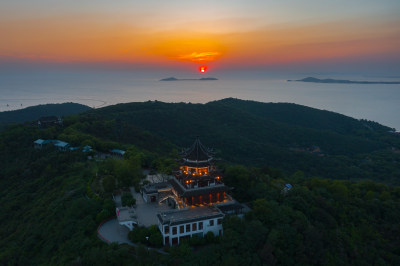 苏州太湖渔洋山风景区日落航拍