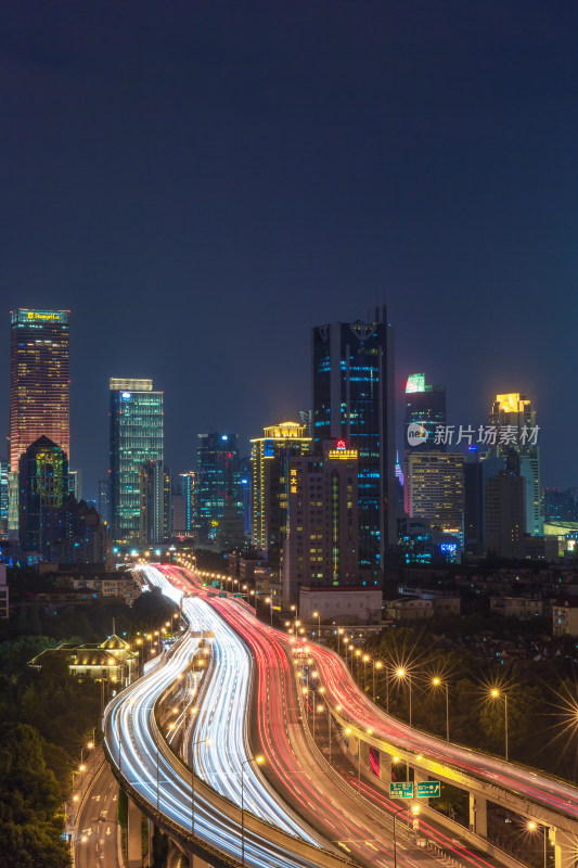 上海市区高架夜景车流城市风光