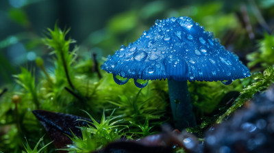 一朵蓝色的蘑菇顶端沾满了雨水的珍珠
