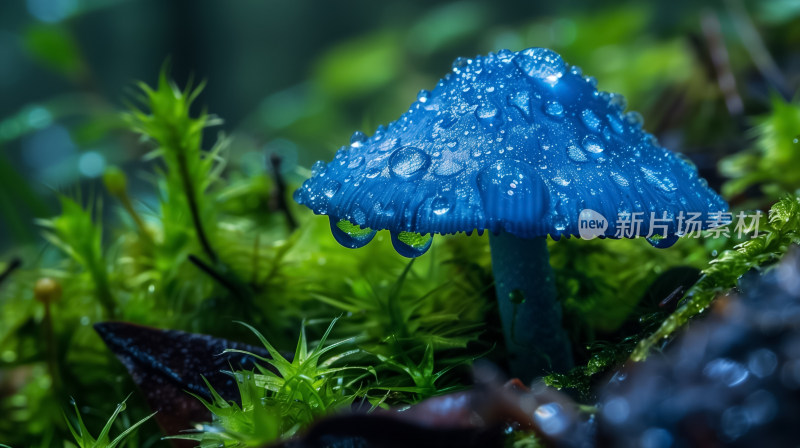 一朵蓝色的蘑菇顶端沾满了雨水的珍珠