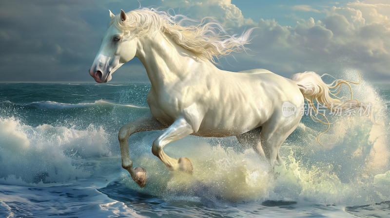 白浪中的神骏白马