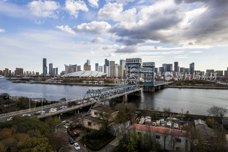 天津滨海海河响螺湾海门大桥城市风光航拍