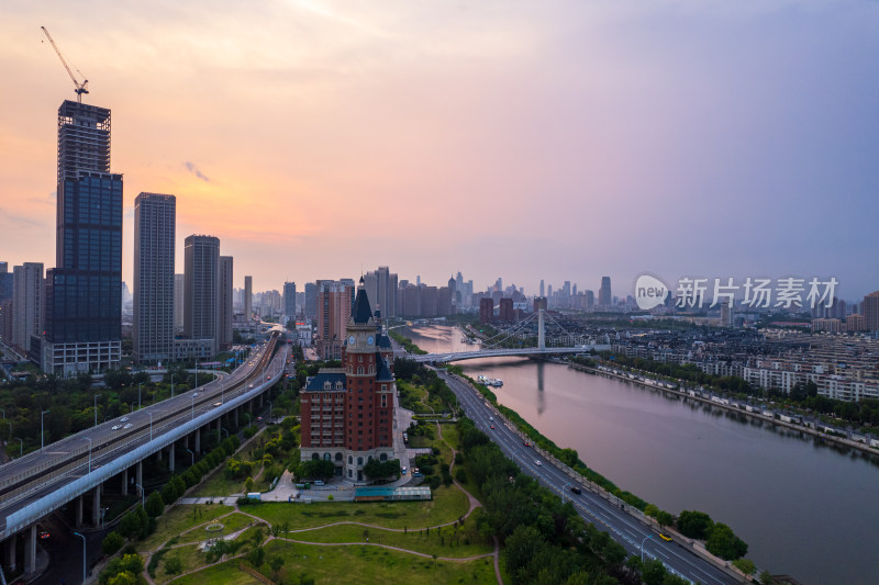 天津海河富民桥城市建筑日落晚霞风光航拍