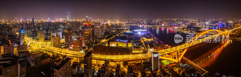 全景航拍上海卢浦大桥和鲁班路立交夜景