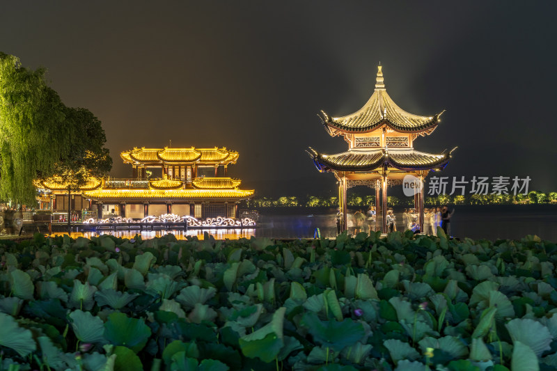 杭州西湖集贤亭晚霞日落夜景