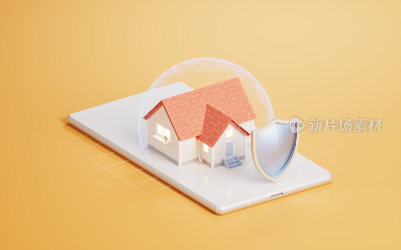 房屋住宅与安全护盾3D渲染