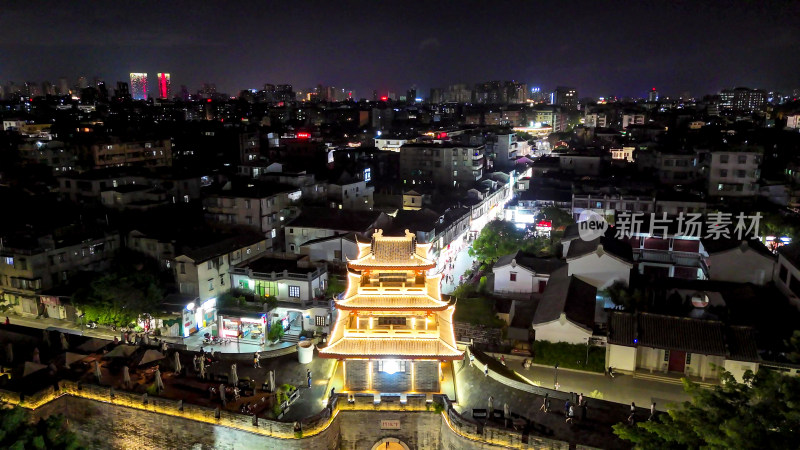 广东潮州古城下水门城楼夜景灯光航拍