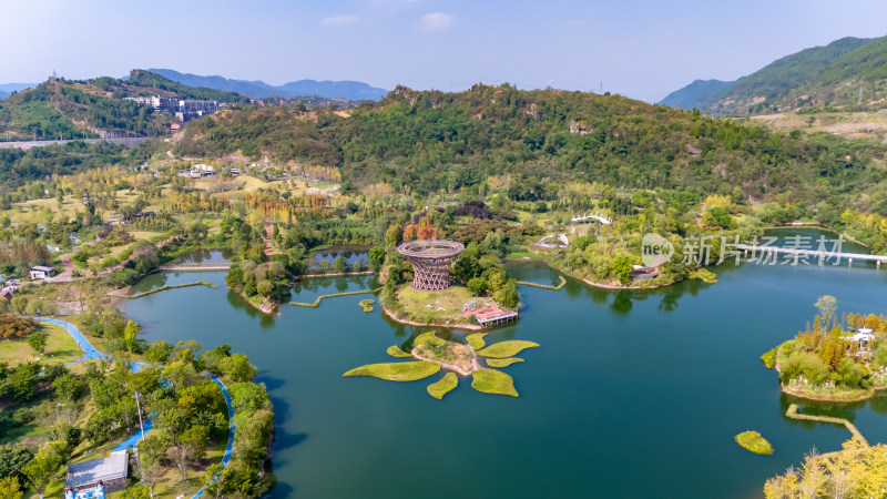 达州莲花湖湿地公园航拍图