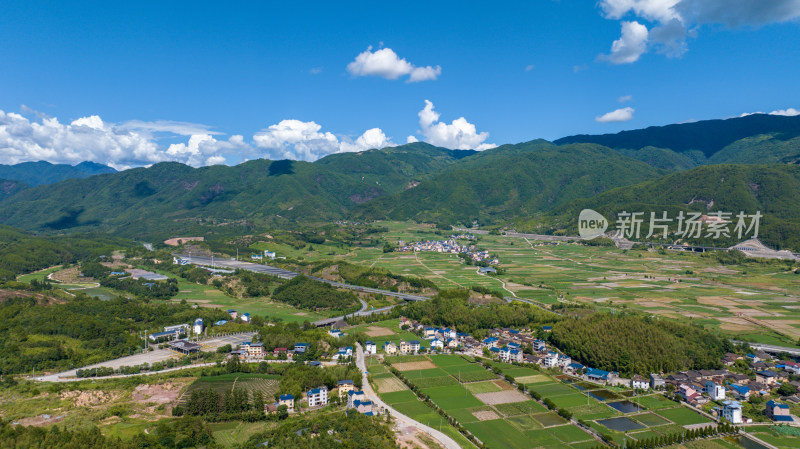 航拍乡村绿色稻田 乡村振兴