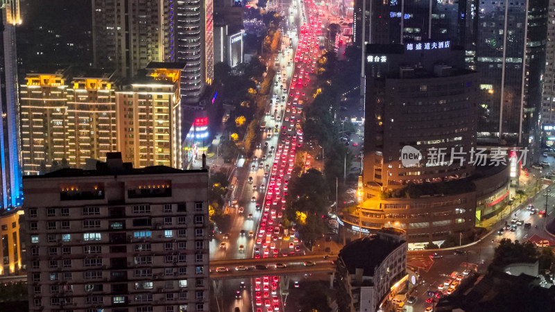 长沙城市夜景拥堵交通航拍图