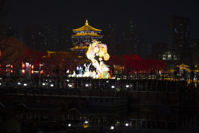 大唐芙蓉园夜间古建筑旁大型灯光艺术