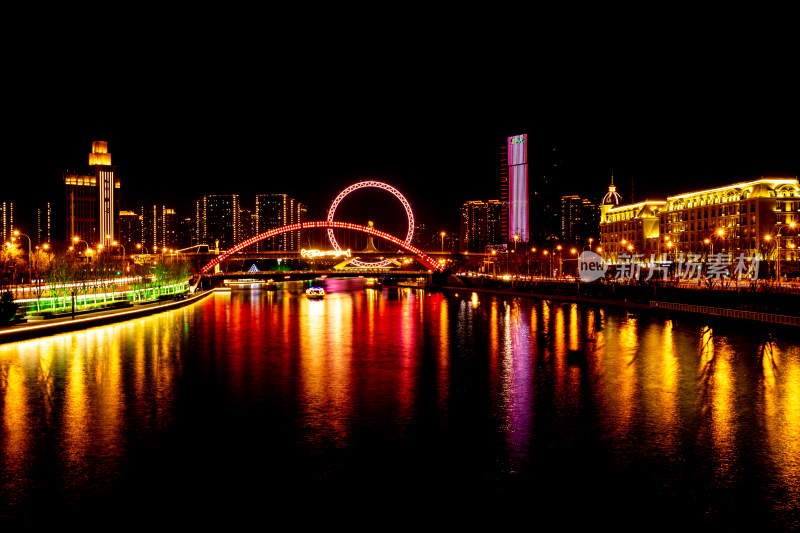 天津海河风情天津之眼摩天轮城市夜景风光