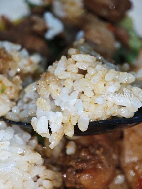 勺子上的米饭和菜肴特写