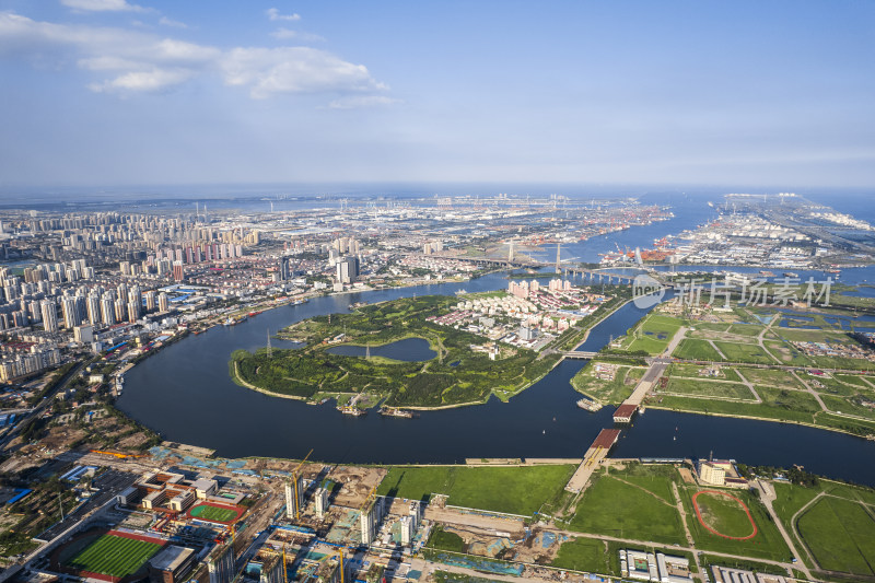 天津滨海新区于家堡海河风景城市风光航拍