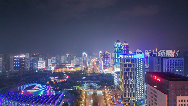 青海西宁市海湖新区海湖广场CBD夜景航拍