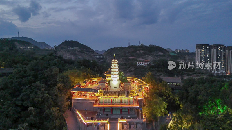 甘肃兰州白塔山公园兰州白塔寺夜景航拍