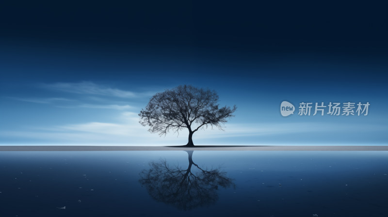 一棵孤立的树木背靠宽阔而深沉的蓝天
