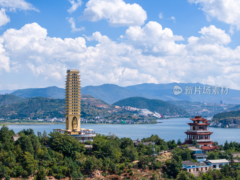 云南大理洱海罗荃半岛风景区罗荃塔航拍