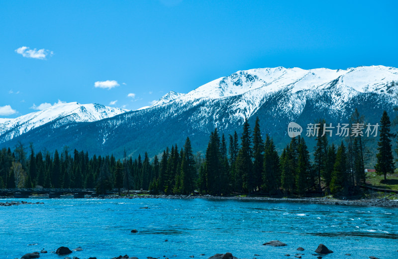 新疆阿勒泰喀纳斯河流森林雪山自然风光