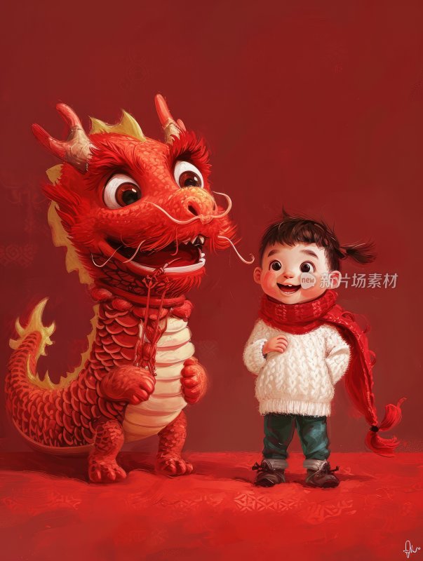 新年卡通插图，可爱的中国龙和男孩女孩