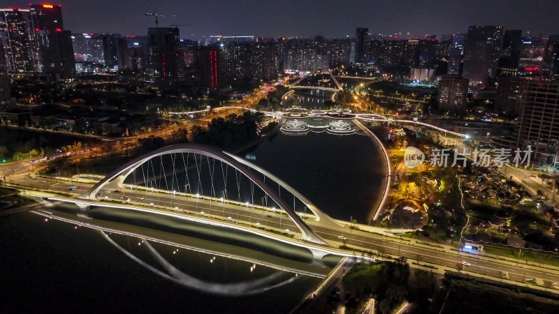 四川成都府河夜景桥梁航拍图