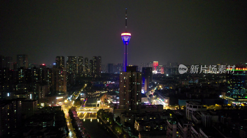 成都天府熊猫塔夜景灯光航拍图