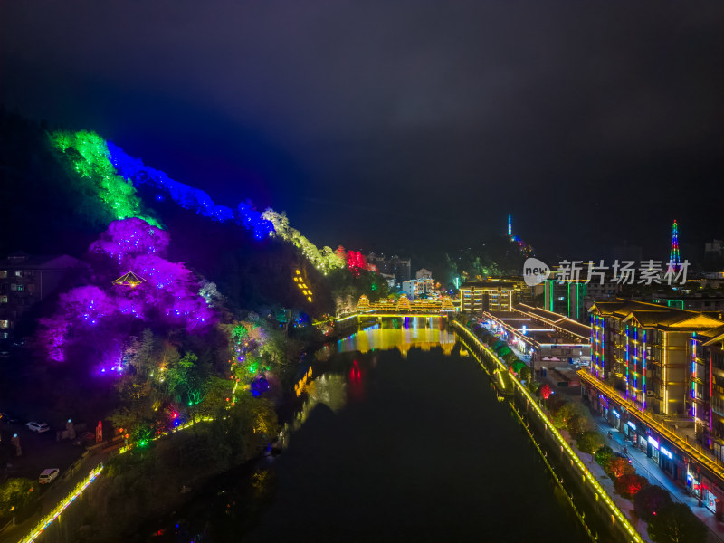 湖南怀化通道廊桥通道风雨桥夜景航拍