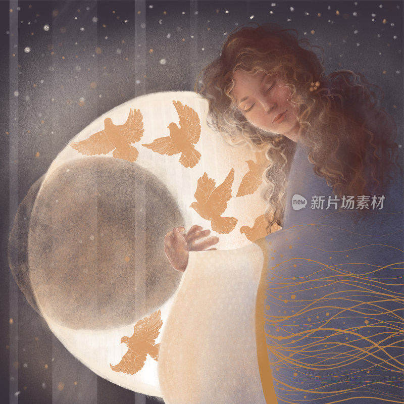 卷发女子与飞鸟月亮插画