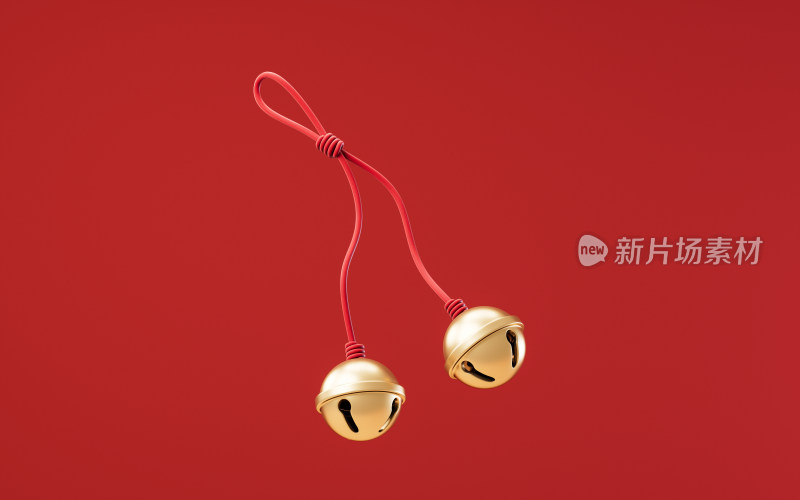 金色小铃铛与红色背景3D渲染