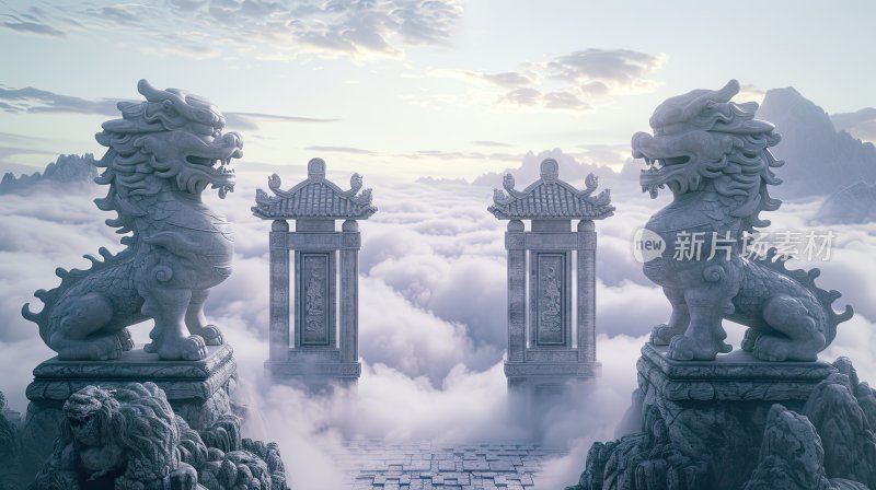 天宫门庭，云端之上的石狮子和古风建筑