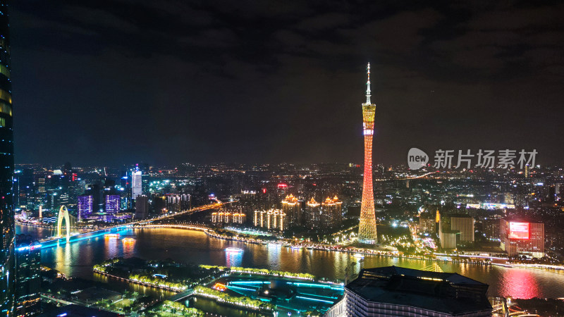 广州夜景俯瞰视角璀璨城市风光航拍