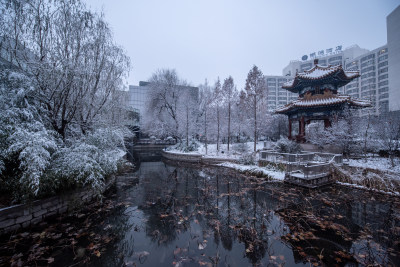 城市中式凉亭雪景