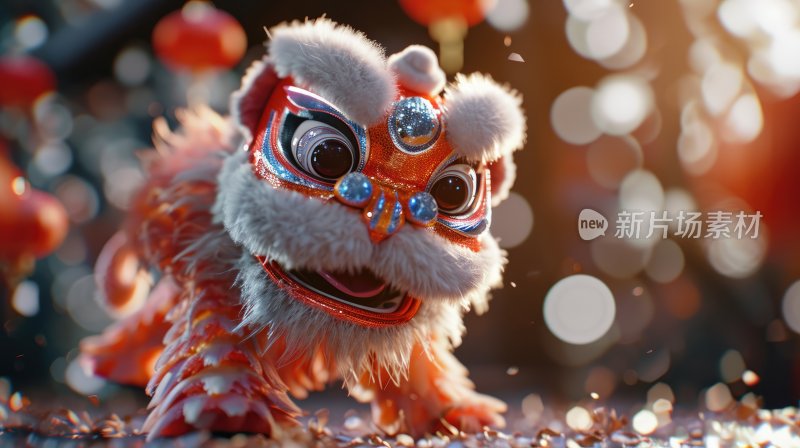 3D卡通场景，中国传统文化舞狮背景