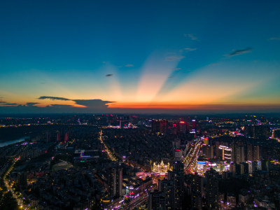 四川泸州晚霞夜景航拍图