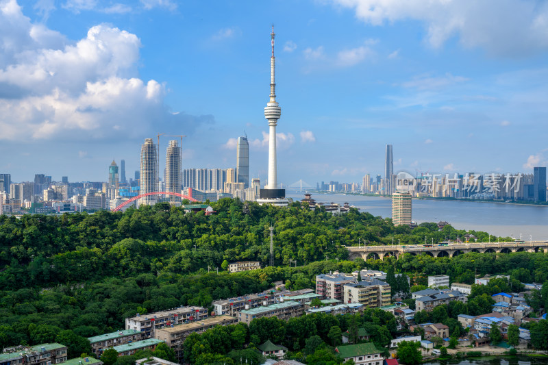 武汉夏季白天远眺长江大桥与黄鹤楼景区