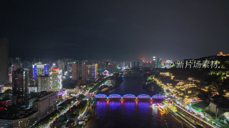 甘肃兰州中山桥夜景航拍