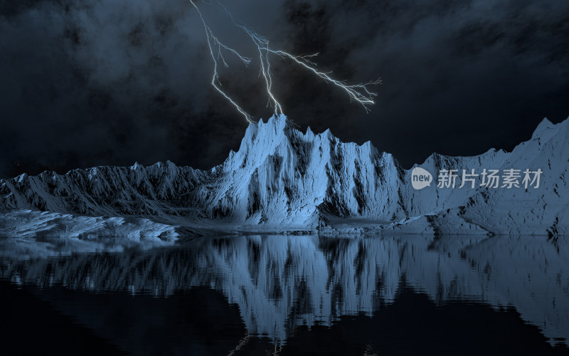 魔幻的闪电与雪山场景 3D渲染