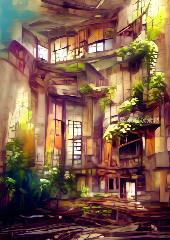 废弃建筑内部绿植覆盖景象