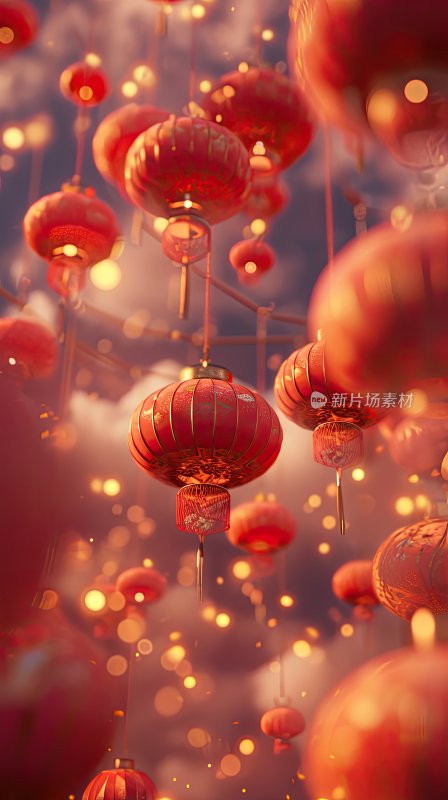 3D中国风场景，灯笼和云彩