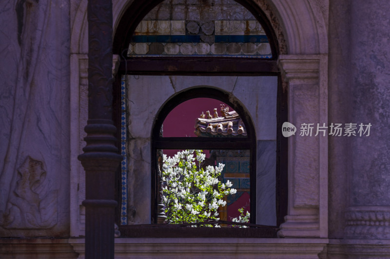 故宫延禧宫中式古建筑窗景及繁花