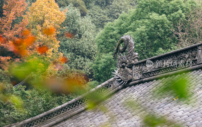 杭州韬光寺中式屋顶龙雕与山林景色