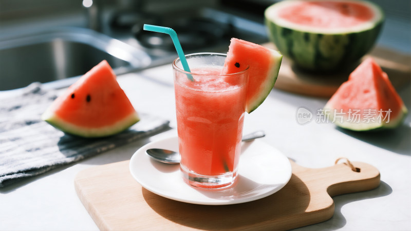 玻璃杯装西瓜果汁与切块西瓜