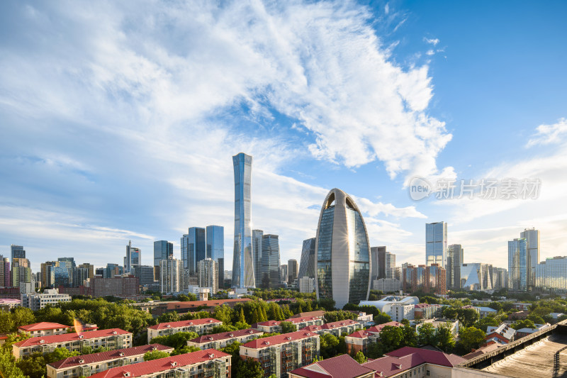 蓝天白云下的北京国贸CBD建筑群城市天际线