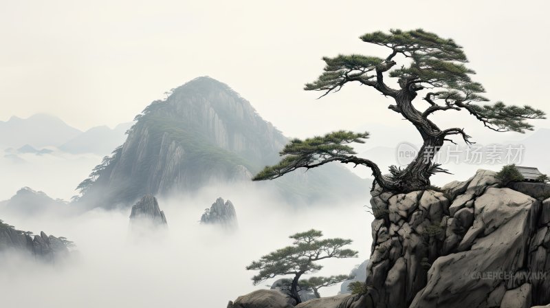 水墨风景画，安徽黄山风景区