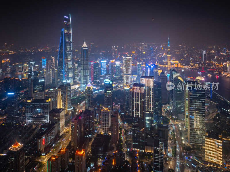 航拍上海陆家嘴高金融中心密集高楼群夜景