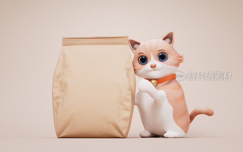 卡通猫咪与猫粮3D渲染