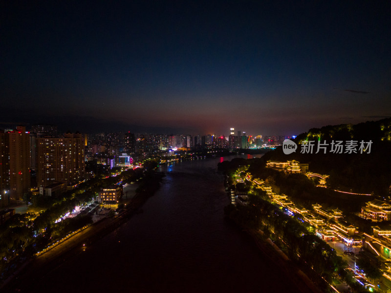 兰州夜景黄河两岸航拍图